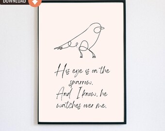 Minimalist Neutral His Eye Is On The Sparrow Digital Wall Art, Sparrow Bird Line Drawing, Bible Verse Art, Christian Quotes Home Decor Gifts