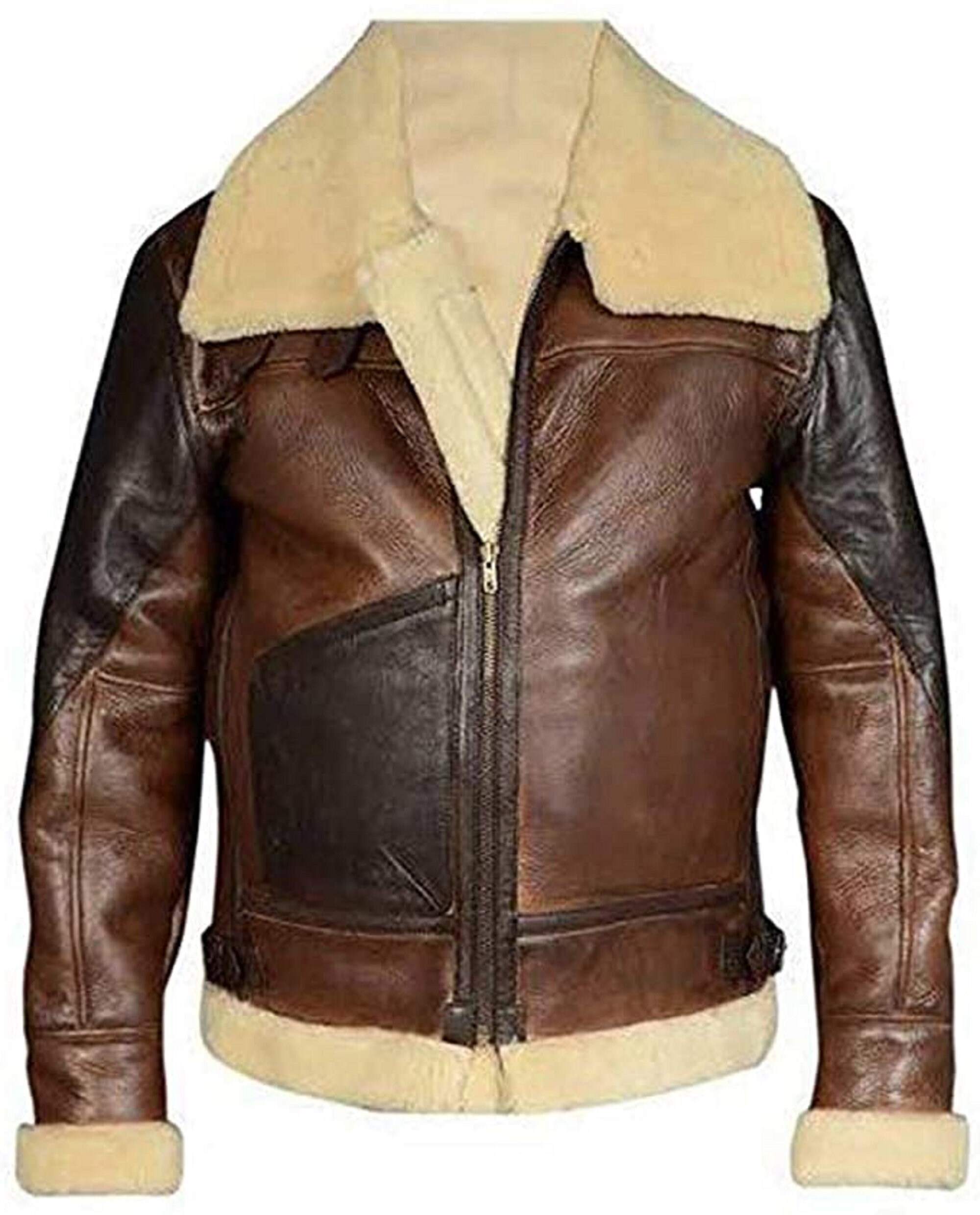 HandMade B3 Aviator RAF Brown Bomber Flying Pilot Fur Shearling Real Leather Jacket HalyFax Brown Leather Jacket Fur Coat