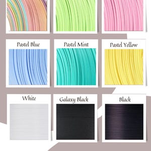 May include: A chart showing available colours for a product. The colours include rainbow, pastel green, pastel pink, pastel blue, pastel mint, pastel yellow, white, galaxy black, and black.