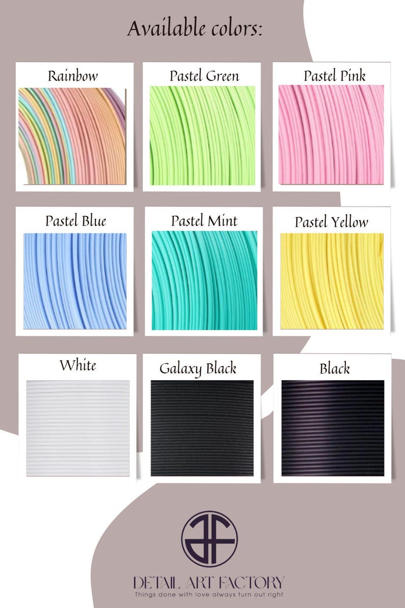 May include: A chart showing available colours for a product. The colours include rainbow, pastel green, pastel pink, pastel blue, pastel mint, pastel yellow, white, galaxy black, and black.