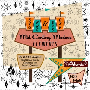 Dessins atomiques | 95 éléments de design moderne Mid-Century | Clipart rétro | Lot EPS PNG SVG, atomique des années 1950 pour un usage commercial