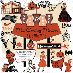 Halloween Vol 4  | Mid-Century Modern 25 Design Elements | Retro Clipart | Pinup, Cat, Pumpkin, Skeleton SVG PNG EPS Bundle, 1950s 1960s