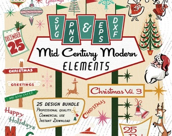 May include: A set of 25 Mid Century Modern Christmas elements in a retro style. The elements include a Christmas tree, Santa Claus, reindeer, ornaments, and more. The design bundle is perfect for creating holiday cards, invitations, and other festive projects.