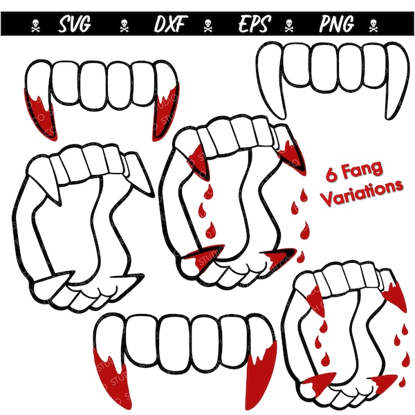 Vampire Fang Bundle svg, Halloween svg, Blood svg, 6 Hand Drawn Fang Teeth Variations SVG, EPS, PNG, Dxf Digital Design Download, Cricut