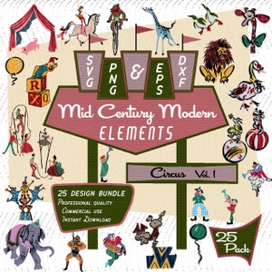 Éléments du cirque Vol 1 | Lot de 25 articles modernes Mid-Century, bazar rétro à chapiteau des années 50, 60, idéal pour les baby showers
