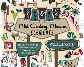 Mid-Century Modern Abstract Designs Vol. 1 - 50 Unique Retro Elements, High-Res PNG & SVG Files, Vintage Geometric Art