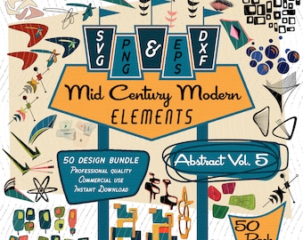 Puede incluir: Una ilustración digital de 50 elementos de diseño moderno de mediados de siglo. La ilustración presenta un letrero retro con el texto "Mid Century Modern Elements" y "Abstract Vol. 5". La ilustración está en un esquema de color negro, blanco y azul verdoso.