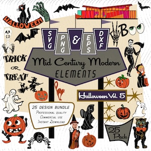 Mid-Century Modern Halloween Clipart Bundle with 25 Retro Designs in SVG, PNG, EPS