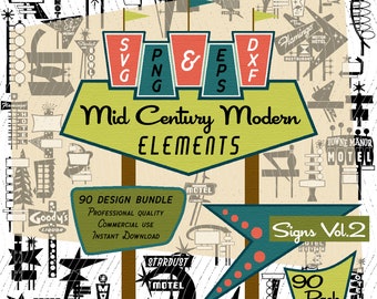 Signs Vol2 | Mid-Century Modern 90 Design Elements | Retro Clip art | SVG PNG EPS Bundle, 1950s 1960s Las Vegas Diner Atomic |Commercial Use