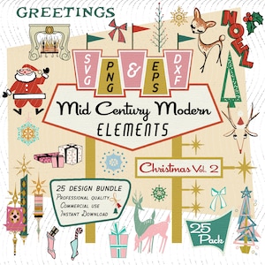 Navidad Vol 2, 25 elementos de diseño modernos de mediados de siglo, Imágenes prediseñadas retro, Papá Noel, Paquete SVG PNG EPS de ciervo, Atómico de los años 50 para uso comercial