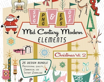 May include: A vintage-style digital art bundle with Christmas-themed mid-century modern elements. The design includes Santa Claus, reindeer, Christmas trees, and gift boxes. The text includes "Mid Century Modern Elements" and "Christmas Vol. 2".