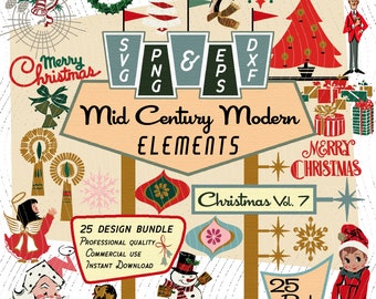 May include: A set of 25 Mid Century Modern Christmas elements, including a snowman, a Christmas tree, a star, a bell, a gift, and a snowflake. The elements are in a variety of colors, including red, green, gold, and white. The text "Mid Century Modern Elements Christmas Vol. 7" is displayed on a sign. The text "25 Pack" is also displayed on a sign.