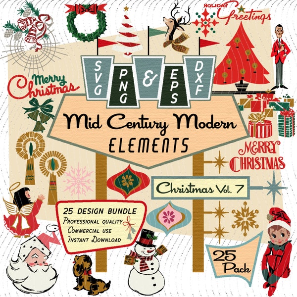 Kerstmis Vol 7 | Moderne 25 ontwerpelementen uit het midden van de eeuw | Retro-clipart | Kerstman, engel, knie knuffel elf, SVG PNG EPS-bundel, jaren 1950 Atomic