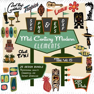 May include: A digital download of 25 mid-century modern tiki-themed design elements. The design elements include a tiki idol, a pineapple, a surfboard, a cocktail glass, and a sign that says "Tiki Vol. 5".