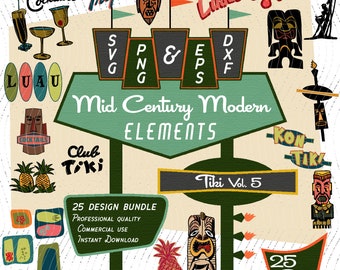 Tiki Design Elements Vol 5 | Mid-Century Modern 25 Design Elements | Retro Clip art | SVG PNG Bundle, 1950s 1960s Tiki Bar Vintage Atomic