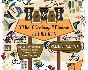 Mid-Century Modern Abstract Designs Vol. 2 - 50 Geometric Elements and Patterns, Retro Digital Art, High-Res PNG & SVG Files
