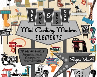 Signs Vol4 | Mid-Century Modern 75 Design Elements | Retro Clip art | SVG PNG Tiki Signs, 1950s 1960s Las Vegas Diner Atomic |Commercial Use