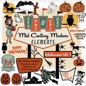 Halloween Vol 1  | Mid-Century Modern 25 Design Elements | Retro Clipart | Witch, Cat, Pumpkin, Skeleton SVG PNG EPS Bundle, 1950s 1960s