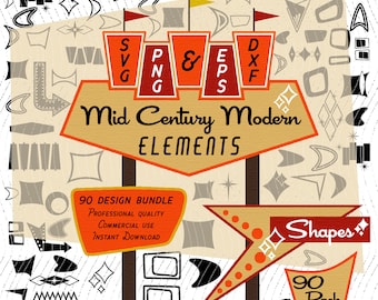 Signs and Shapes | Mid-Century Modern 90 Design Elements | Retro Clip art | SVG PNG EPS Bundle, 1950s Atomic for Commercial Use