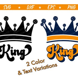May include: Two variations of a king crown design with the word "King" in a retro font. The crown is black and white with an orange band in one design and navy blue and white with an orange band in the other design.