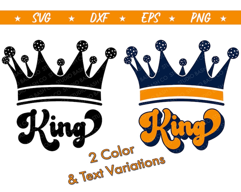 May include: Two variations of a king crown design with the word "King" in a retro font. The crown is black and white with an orange band in one design and navy blue and white with an orange band in the other design.