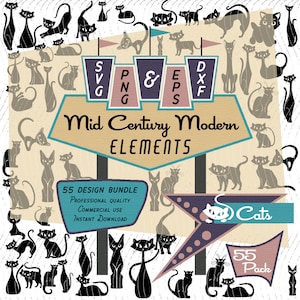 Gatos / Elementos de diseño modernos de mediados de siglo / Paquete de imágenes prediseñadas retro / Paquete SVG PNG EPS Gatos vintage lindos y modernos atómicos para uso comercial