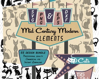 Cats | Mid-Century Modern 55 Design Elements | Retro Clip Art Bundle | SVG PNG EPS Bundle Atomic Modern Cute Vintage Cats for Commercial Use