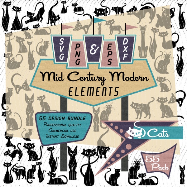 Cats | Mid-Century Modern 55 Design Elements | Retro Clip Art Bundle | SVG PNG EPS Bundle Atomic Modern Cute Vintage Cats for Commercial Use