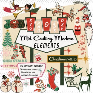 Weihnachten Vol 5 | Mid-Century Modern 25 Design-Elemente | Retro Clipart | Weihnachtsmann, Schneemann, SVG PNG EPS Bundle, 1950er Jahre Atomic