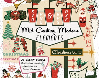 Christmas Vol 5  | Mid-Century Modern 25 Design Elements | Retro Clipart | Santa, Snowman, SVG PNG EPS Bundle, 1950s Atomic