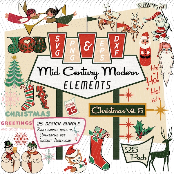 Christmas Vol 5  | Mid-Century Modern 25 Design Elements | Retro Clipart | Santa, Snowman, SVG PNG EPS Bundle, 1950s Atomic