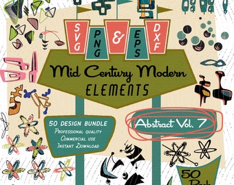 Abstract Elements Vol 7 | Mid-Century Modern Elements - 50 Designs! | Retro Clip art | SVG PNG EPS Bundle, 1950s Atomic for Commercial Use