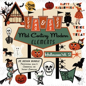 Halloween Vol 2  | Mid-Century Modern 25 Design Elements | Retro Witch, Cat, Pumpkin, Skeleton SVG PNG EPS Bundle, 1950s 1960s
