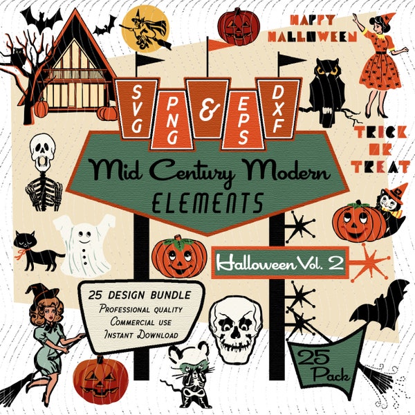 Halloween Clip Art Vol 2  | Mid-Century Modern 25 Design Elements | Retro Witch, Cat, Pumpkin, Skeleton SVG PNG EPS Bundle, 1950s 1960s