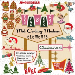 Natal Vol 6 | 25 elementos de design modernos de meados do século | Clipart retrô | Homem/mulher de gengibre, pacote SVG PNG EPS, atômico dos anos 1950