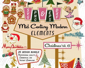 May include: A set of 25 Mid Century Modern Christmas elements, including a Santa Claus, a Christmas tree, a star, a gingerbread man, and a reindeer. The elements are in a retro style with a black and white striped background. The text "Christmas Vol. 6" and "25 Pack" are also included in the image.
