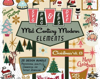 May include: A digital download of 25 mid-century modern Christmas clip art elements. The illustrations are in a retro style with a red and green color scheme. The text on the image reads "Mid Century Modern Elements", "Christmas Vol. 8", "25 Design Bundle", "Professional Quality", "Commercial Use", "Instant Download", "Merry Christmas", and "25 Pack".