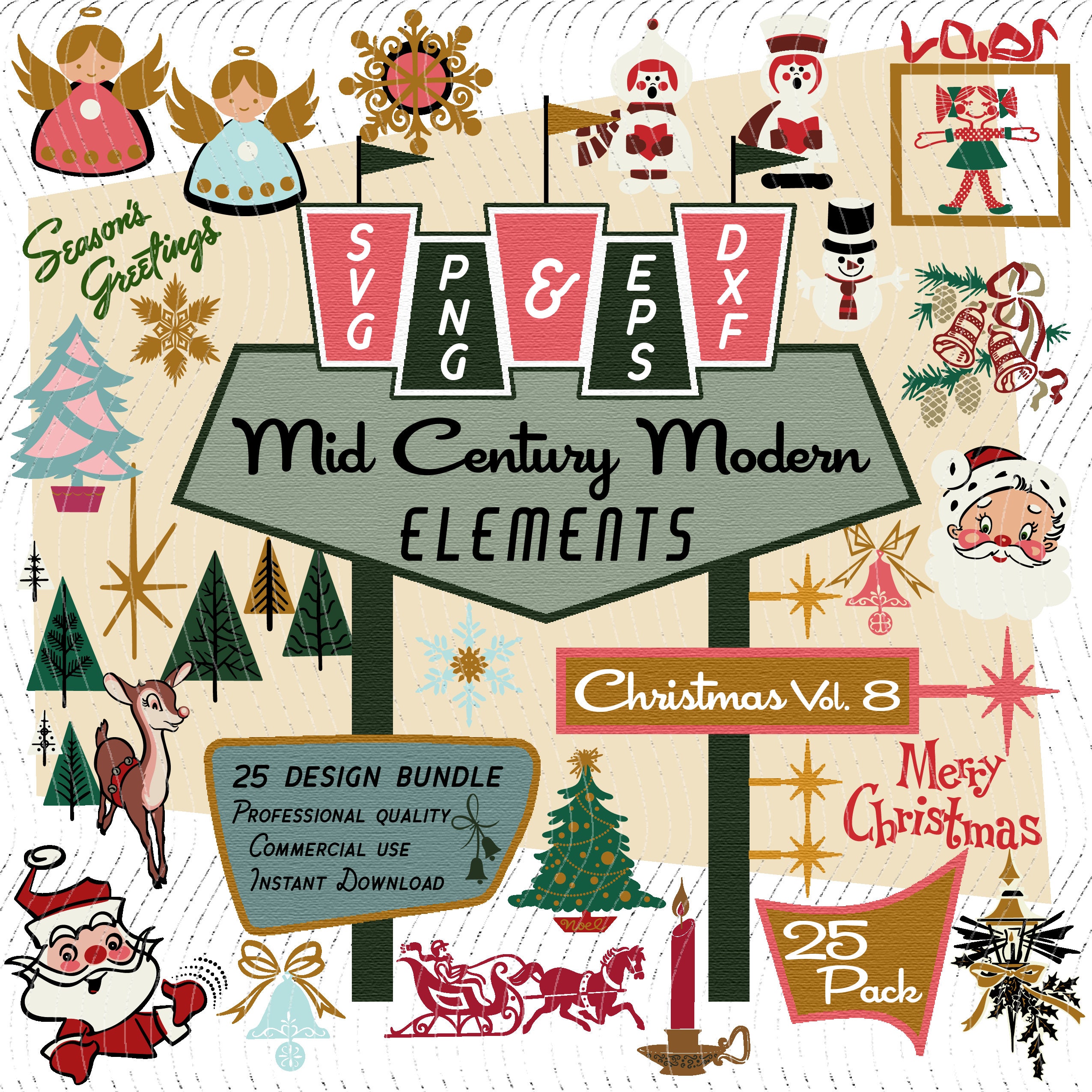 Christmas Vol 8  | Mid-Century Modern 25 Design Elements | Retro Clipart | Santa, Angel, Carolers, Trees SVG PNG EPS Bundle, 1950s Atomic