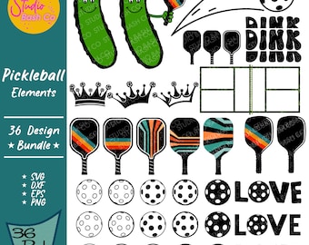 Pickleball Element Bundle SVG Design | 36 Variation Bundle | Digital Download | DIY T-shirt, Mug, and Decal | Racket, Ball, Pickle, Court