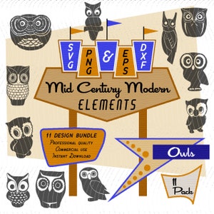 Owls | Mid-Century Modern 11 Design Elements | Retro Clipart Bundle | SVG PNG EPS Atomic Modern for Commercial Use
