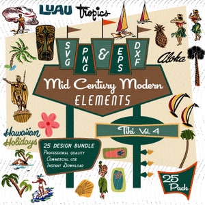 May include: A set of 25 Mid Century Modern Tiki design elements, including a tiki mask, palm trees, pineapples, surfboards, and a sign that says "Tiki Vol. 4". The design elements are in a retro style with bright colors and bold lines.