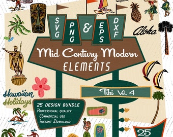 Tiki Design Elements Vol 4 | Mid-Century Modern 25 Design Elements | Retro Clip art | SVG PNG Bundle, 1950s 1960s Tiki Bar Vintage Atomic