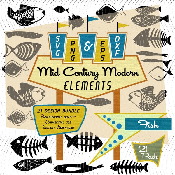 Fish | Mid-Century Modern 21 Design Elements | Retro Clipart Bundle | SVG PNG EPS Bundle, Atomic Modern for Commercial Use