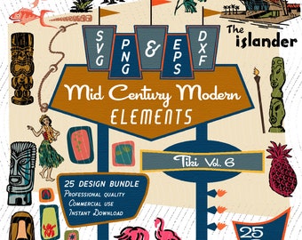 Tiki Design Elements Vol 6 | Mid-Century Modern 25 Design Elements | Retro Clip art | SVG PNG Bundle, 1950s 1960s Tiki Bar Vintage Atomic