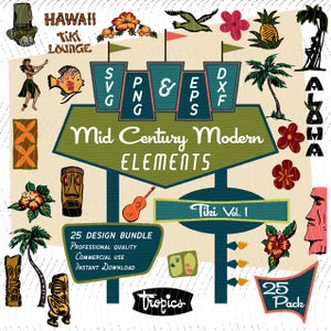 May include: A set of 25 Mid Century Modern Tiki elements, including a hula dancer, a fish, a tiki mask, a guitar, a pineapple, palm trees, flowers, and a sign that says "Tiki Vol. 1".