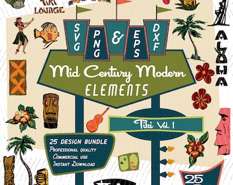 Tiki Design Elements Vol 1 | Mid-Century Modern 25 Design Elements | Retro Clip art | SVG PNG Bundle, 1950s 1960s Tiki Bar Vintage Atomic