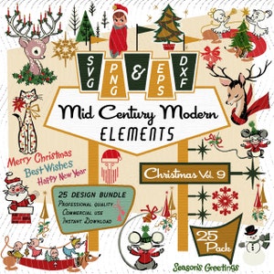 Noël Vol 9 | 25 éléments de design modernes Mid-Century | Clipart rétro | Ensemble père Noël, chat, teckel, bonhomme de neige SVG PNG EPS, atomique des années 1950