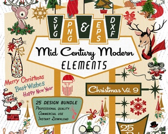 May include: A set of 25 Mid Century Modern Christmas clip art elements in a vintage style. The set includes a variety of images, including a Santa Claus, a snowman, a reindeer, a cat, a mouse, a Christmas tree, and a star. The images are in a variety of colors, including red, green, white, and black. The text "Mid Century Modern Elements" and "Christmas Vol. 9" is included in the image.