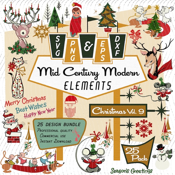 Christmas Vol 9  | Mid-Century Modern 25 Design Elements | Retro Clipart | Santa, Cat, Dachshund, Snowman SVG PNG EPS Bundle, 1950s Atomic