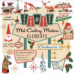 Navidad Vol 4, 25 elementos de diseño modernos de mediados de siglo, Imágenes prediseñadas retro, Papá Noel, Tren, Paquete SVG PNG EPS, Atómico de los años 50 para uso comercial